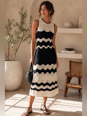 Gap Crochet Knit Midi Dress Medium Black Cream Chevron 100% Cotton Boho